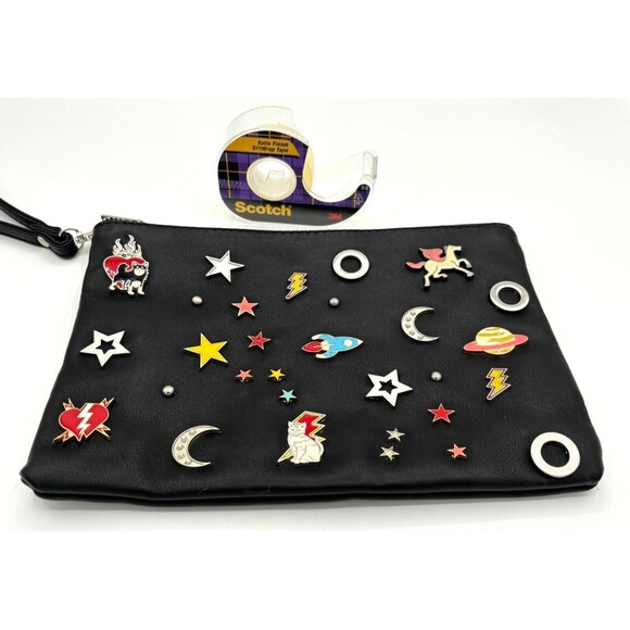 Stradivarius Wristlet‎ Accessory Zipper Bag Sewn Enamel Pins Blk Silver Hardware - Picture 14 of 16